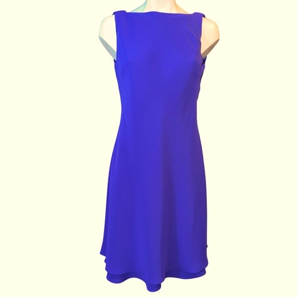 Jones Wear Women’s Sheath Dress Sz 10 Purple Double Tier Hem Draped Scoop Back - Picture 2 of 8